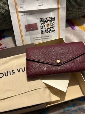 Louis Vuitton Burgundy Envelope Wallet with Embossed Monogram and Gold Snap